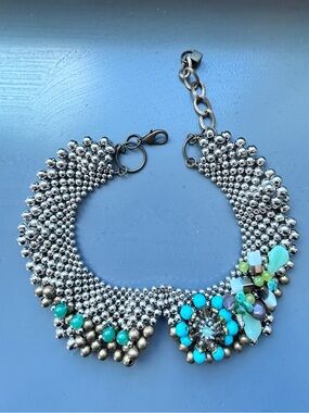 Anthropologie Silver Statement Collar Necklace with Turquoise Accents